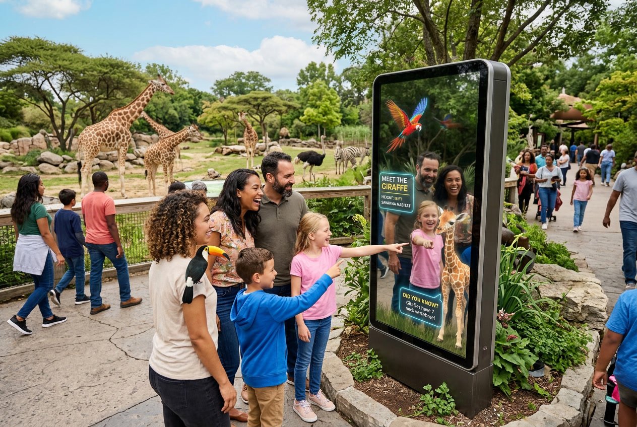 Visitors at a zoo interacting with an augmented reality mirror showing digital animal images while standing near natural animal habitats.