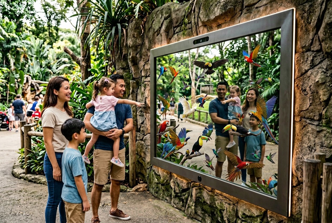 Visitors interacting with a large augmented reality mirror showing digital images of zoo animals in a naturalistic zoo setting.