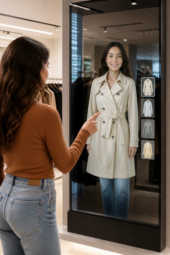 A woman uses a large digital screen to virtually try on clothing in a modern retail store.