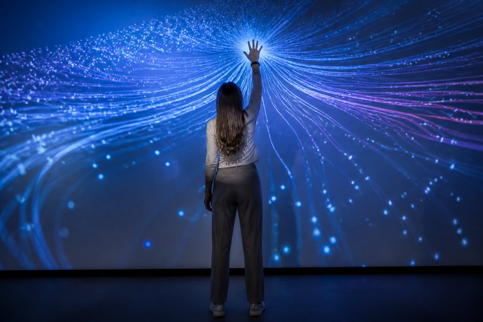 A spacious museum exhibition room with visitors interacting with digital displays and holographic exhibits.