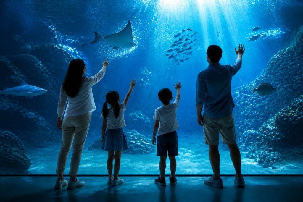Visitors interacting with augmented reality displays inside a modern museum exhibition room.