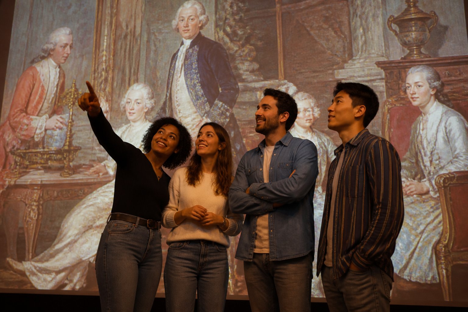 Visitors exploring a modern immersive museum room with large digital displays and interactive exhibits.